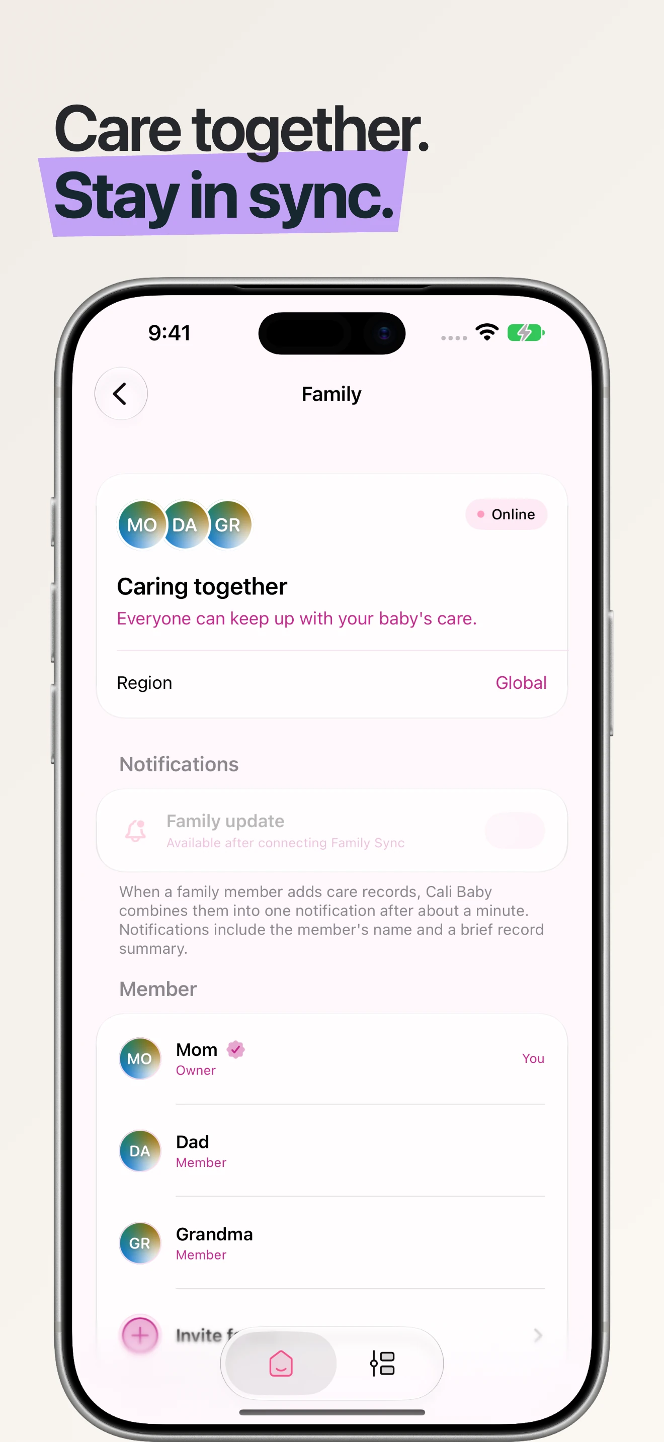 Cali Baby family sharing and sync